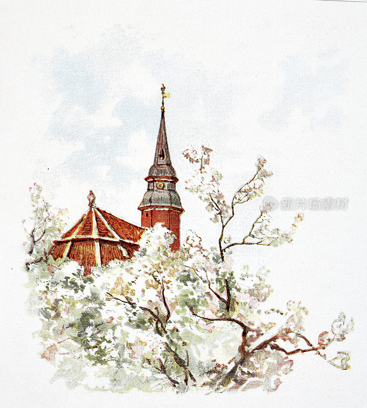 汉诺威附近的Altes Land，春天的一座教堂